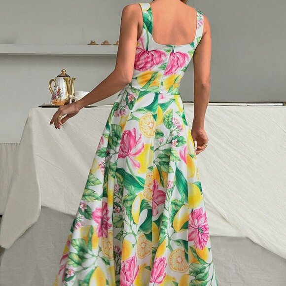Boho Womens Floral & Fruit Print Backside Zipper Sleeveless Maxi Dress - Picture 2 of 6